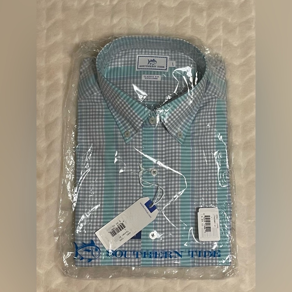 NWT- Southern Tide Men's Aqua and Gray Plaid Shirt- Large